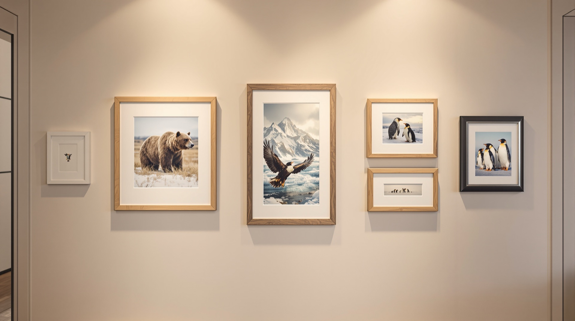 Matted and framed wildlife photography prints displayed on a gallery wall